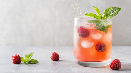 Crystalline ice cubes and ripe raspberries floating in sparkling cocktail, garnished with mint leaves, gold dust sprinkled for luxe summer refreshment