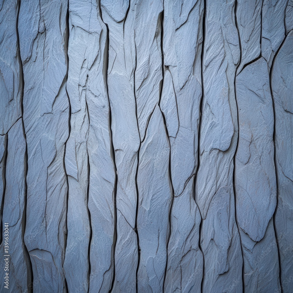 Poster close-up of a blue-gray textured surface showing vertical cracks and crevices resembling bark textur
