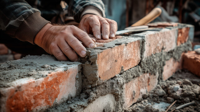 Builder lays the bricks closeup