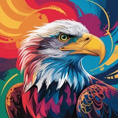 A vibrant and colorful digital painting of a majestic bald eagle in an abstract style, featuring bold strokes, bright hues, and a dynamic artistic composition perfect for modern art lovers. 