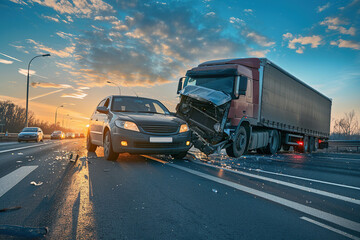Collision of vehicles involved in major accident on city road with major damage, abstract vivid composition consists of fictional unreal fantastic vision on background