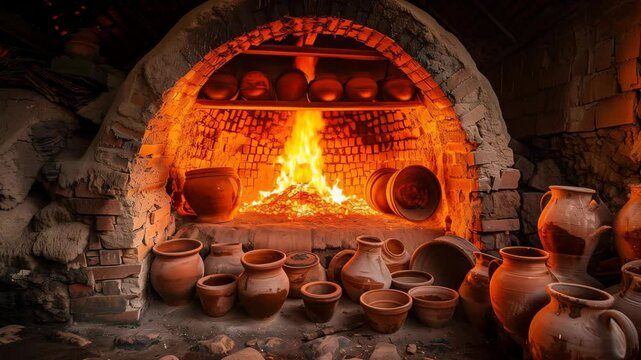 Active pottery kiln with glowing fire inside, surrounded by handcrafted clay pots in a rustic workshop.

