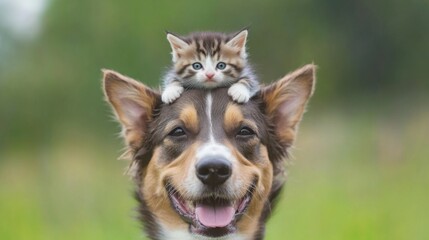 Playful mixed breed dog with kitten on head, showcasing heartwarming animal friendship.