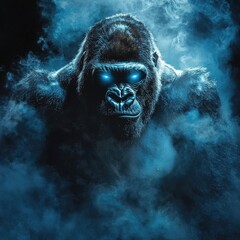 Close-up of intense gorilla face with glowing orange eyes surrounded by smoke and burning particles. Generative by AI.
