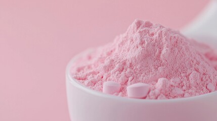 A bowl filled with pink powder and small pastel-colored tablets, set against a soft pink background, creating a vibrant and playful aesthetic.