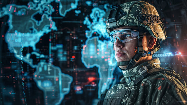 Soldier wearing high-tech combat gear including digital helmet and protective eyewear. Tactical military personnel against illuminated map display with data visualization elements in blue hues