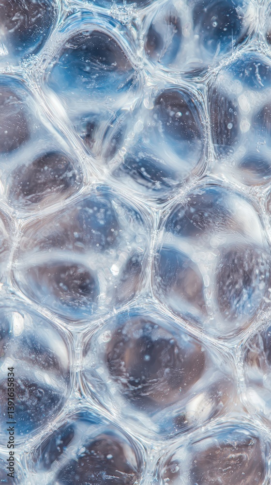 Poster close-up view of mesmerizing bubble pop texture featu translucent interconnected bubbles in blue and