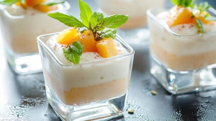 A refreshing dessert served in small glasses, featuring creamy layers topped with fresh fruit and mint leaves, perfect for indulgence.