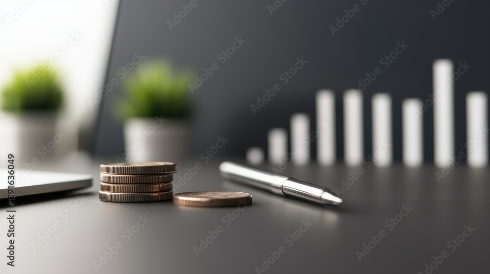 Poster a stack of coins with a pen on a desk in front of a blurred laptop and potted plants creating a busi
