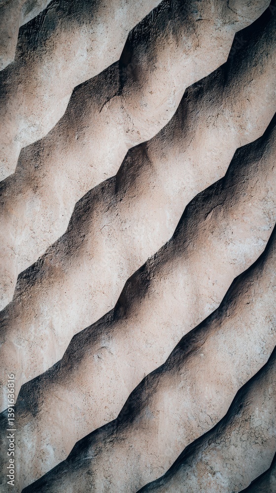 Poster close-up view of intricately carved stone texture featu repeating diagonal ridges and grooves in var