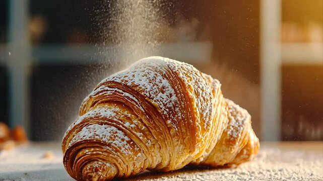 Golden croissant dusted with powdered sugar