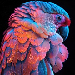 Fototapeta premium Scarlet macaw with vibrant multicolored feathers illuminated by glowing light particles in dark space. Generative by AI.