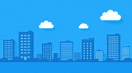 Cityscape illustration with blue buildings and white clouds on clear sky