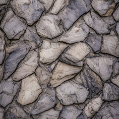 Fototapeta premium Close-Up View of a Decorative Wall Made of Irregular Grey and Beige Chipped Stones Highlighting the Rough Texture and Unique Natural Patterns