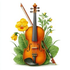 Antique Violin amidst Yellow Pansies and Lush Green Foliage