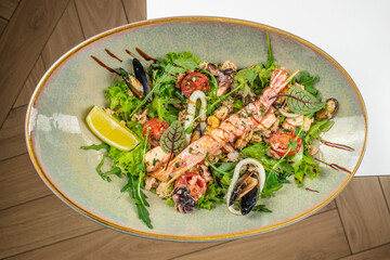 seafood salad di mare, space for text. top view