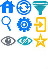 A clean and colorful icon set ideal for user interfaces, representing essential actions like login, view, filter, search, refresh, favorite, and settings.