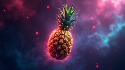 digital illustration pineapple pineapple center surrounded dark blue background pink purple clouds clouds scattered around pineapple creating sense depth dimension pineapple has green stem leaves its