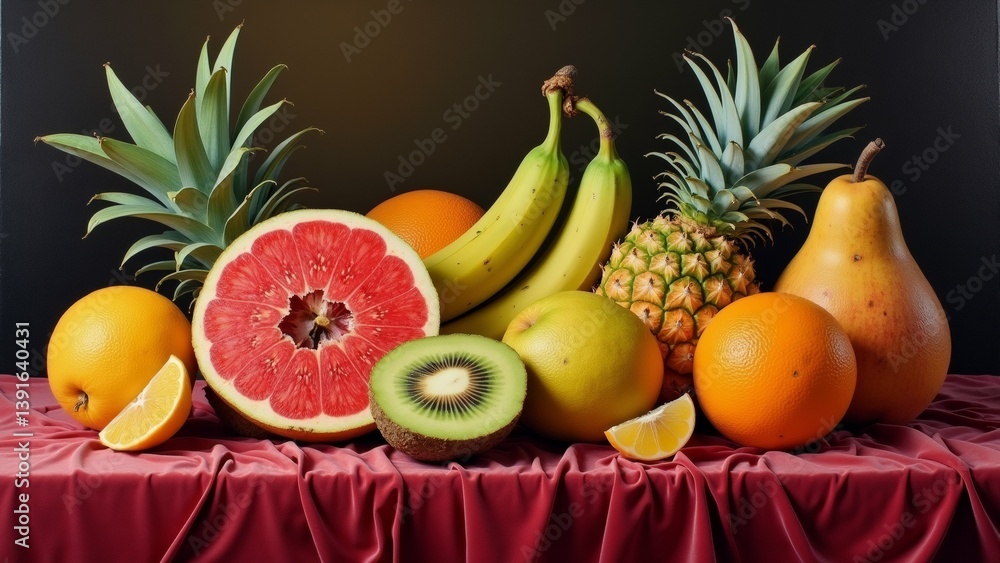 Poster group fresh fruits arranged red tablecloth six fruits total including pineapple banana grapefruit ki