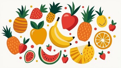 illustration various fruits vegetables arranged circular pattern different types fruits such pineapples strawberries bananas oranges watermelons fruits brightly colored cartoon like appearance