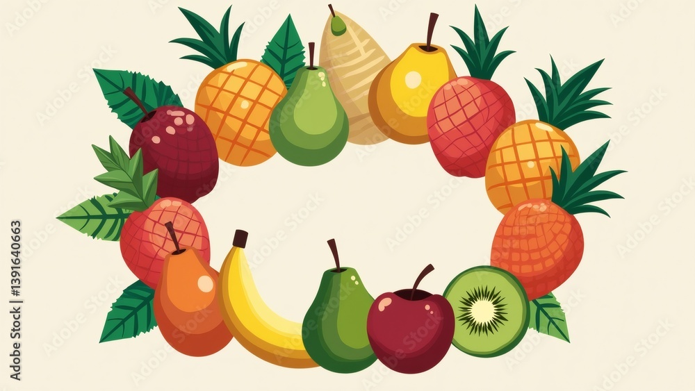 Poster illustration wreath various fruits leaves wreath circular shape different types fruits including pin