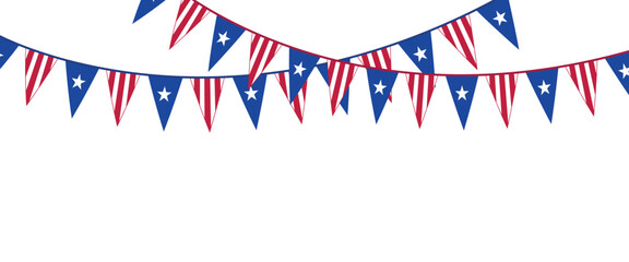 American flag for decoration. USA triangular flags bunting garland for party or other patriotic event. transparent png and vector illustration.