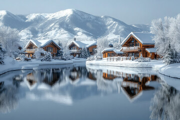 Fototapeta premium A charming winter scene in Avon, Colorado, showcasing snow-capped mountains and cozy cabins