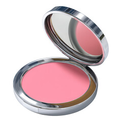 Stylish silver compact case with pink blush makeup and mirror, isolated on transparent background, ideal for beauty or cosmetic themes.