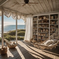 A sunlit beach house with white curtains flowing in the breeze, open shelves filled with books and shells, and a hammock on the porch swaying near the sound of waves.