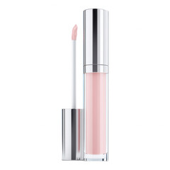 Soft pale pink lip gloss with silver cap and wand applicator, isolated on transparent background for lip makeup or beauty use.