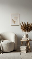 Serene living room sanctuary featuring a plush cream armchair, a minimalist beige artwork, and pampas grass in a calming neutral palette, exuding quiet comfort and understated elegance.