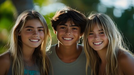 Fototapeta premium Three happy teenagers smile brightly for a cheerful outdoor portrait showcasing youthful joy and carefree summer fun.