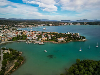 Naklejka premium Aerial View of Coastal Town and Marina in the Peloponnese, Greece
