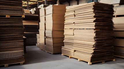 Stacks of cardboard sheets in warehouse.