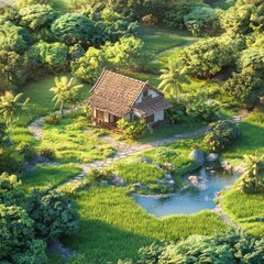 Fototapeta premium Nature photography peaceful aerial views of a tranquil farmhouse retreat in lush green landscape
