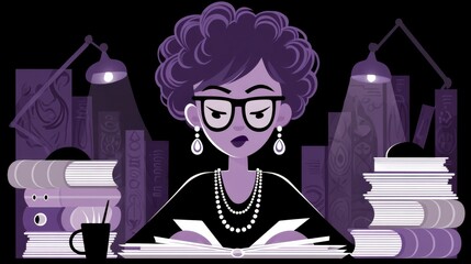 Woman Reading Books in a Purple Lit Study