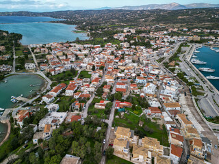 Fototapeta premium Aerial View of Coastal Town and Marina in the Peloponnese, Greece
