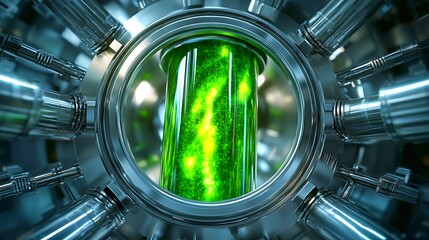 Glowing Green Liquid in Futuristic Science Lab Reactor art tube test glass metal power shiny clean  