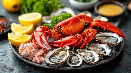 A delicious seafood platter with lobster, oysters, and crab legs, served with lemon wedges