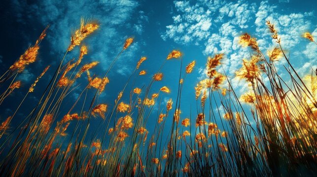 3.A low-angle perspective of ripe rye stalks glowing in the sunlight, with their golden hues contrasting against the deep azure of the summer sky.