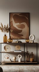 A serene home styled with earthy tones and organic textures featuring dried pampas grass, amber glass vessels, and minimalist sculptures displayed on a modern shelving unit.