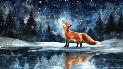 Winter Fox Gazing at Stars, Snowy Forest Reflection, Watercolor Art, Nature Scene, Inspiring