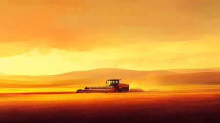 Fototapeta premium 71.A serene rural scene with a lone combine harvester in the middle of a vast golden field, surrounded by gentle rolling hills and a vivid sunset sky.