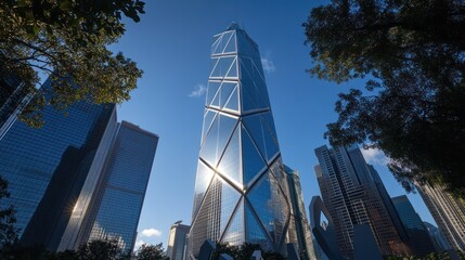 Modern skyscraper in city, sunny day, urban architecture, photo