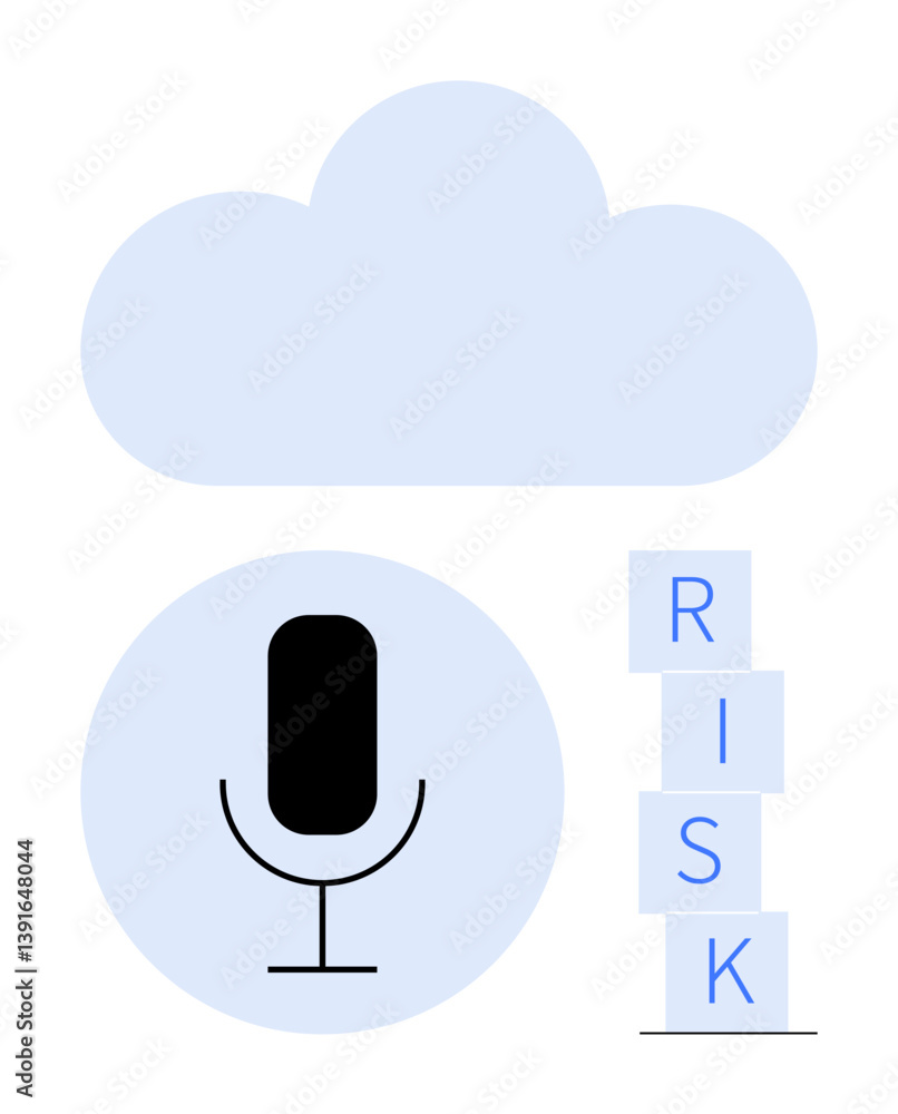 Poster cloud icon above microphone symbol and stacked risk blocks emphasize technology, audio data, and cau