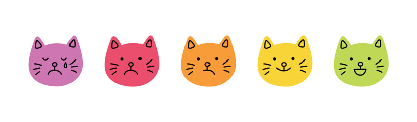 Cute doodle cat face icon set. Smile, sad and cry cat. Kitty kawaii emoji. Hand drawn animal emoticon. Expression kitty head. Good and bad mood. Vector illustration isolated on white background.