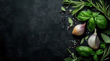 Fresh herbs and spices arranged on dark surface