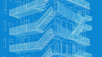 Architectural blueprint of a multi-story building with exterior stairs and balconies. Possible use Architecture education, design