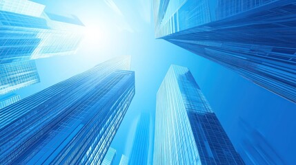 Urban skyscrapers, upward view, bright sunlight, city background, architectural photography
