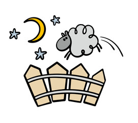 Count the sheep to fall asleep. Vector illustration of a curly sheep jumping over a fence at night. The moon and the stars are shining. Doodle proven method for deep sleep, hypnosis.